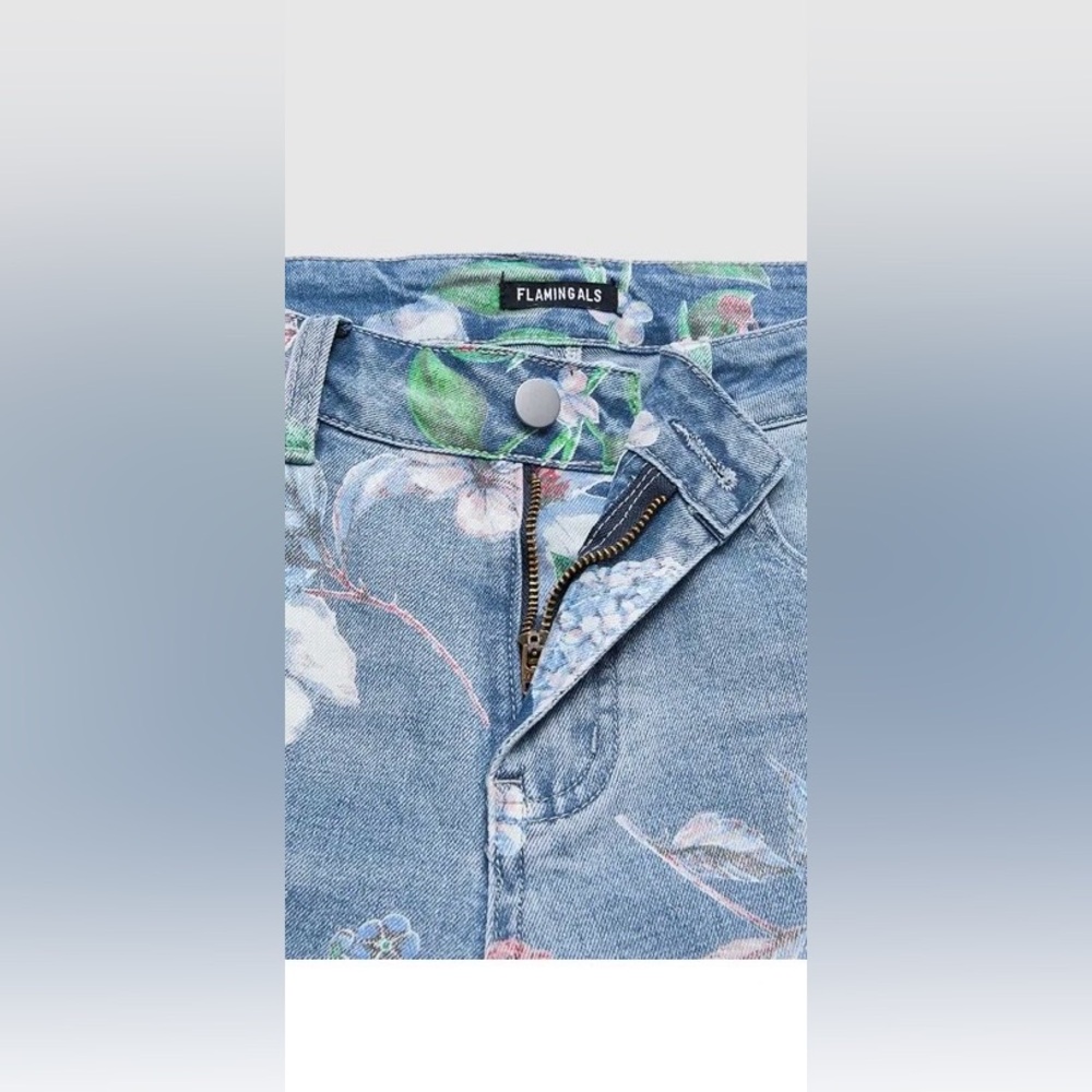 Flamingals Floral Pattern Wash Straight Leg High Waist Jeans - Picture 8 of 10
